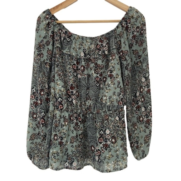 MAURICES SAGE GREEN/RUST/YELLOW POET BLOUSE WITH RUFFLE NECK, BISHOP SLEEVES, XS - Picture 2 of 11